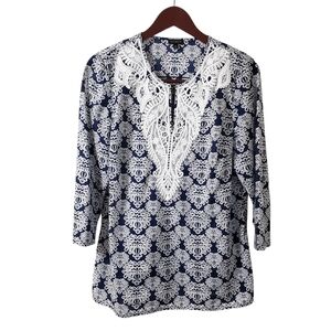 Talbots Blue‎ Medallion Print Lace Bib Lightweight Cotton Tunic Top Sz Medium